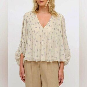 New Ganni Floral Balloon Sleeve Pleated Blouse Ivory 6, M $205
